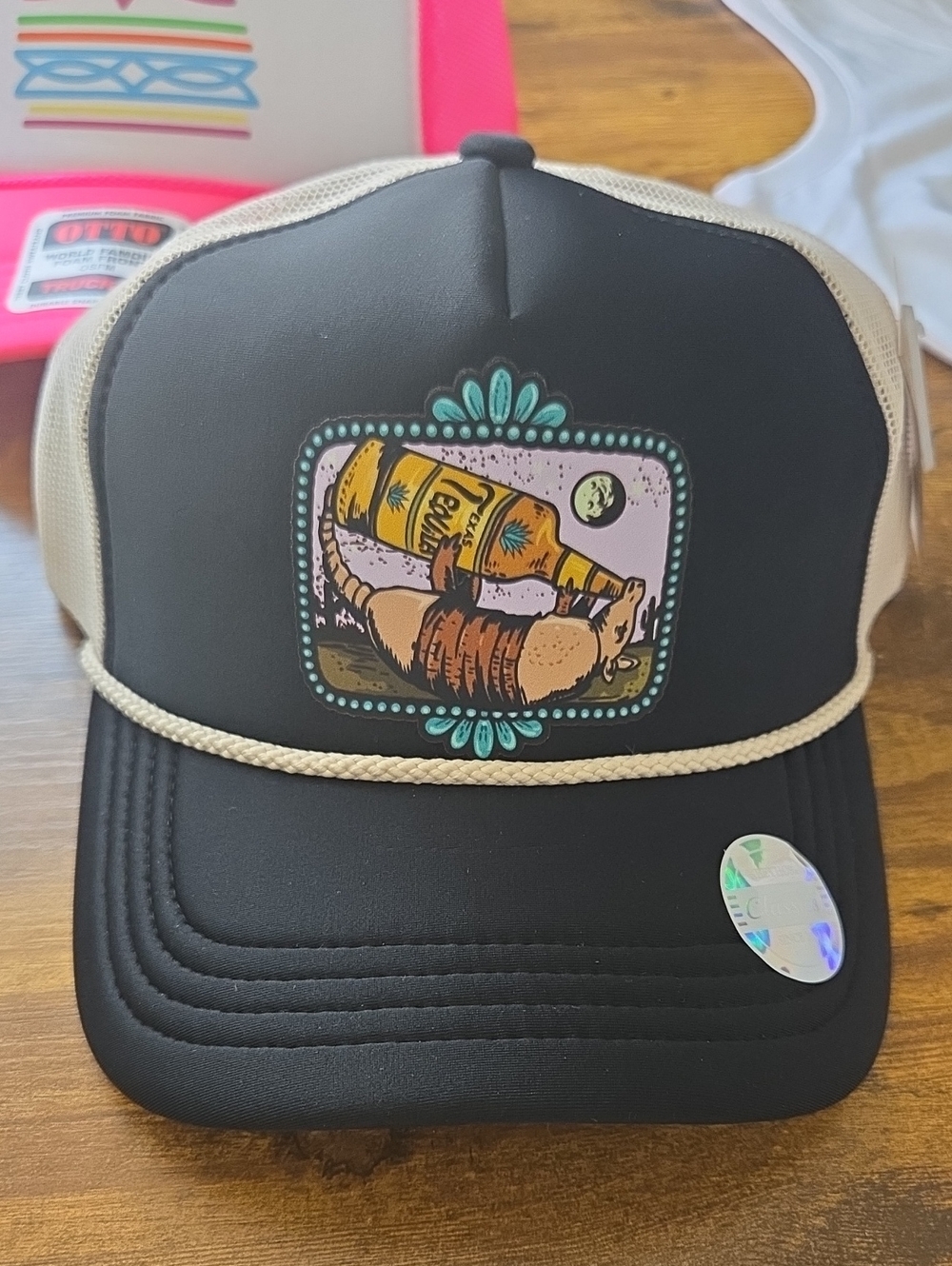 Black Trucker Hat with Colorful Bottle Patch Armadillow TEQUILA